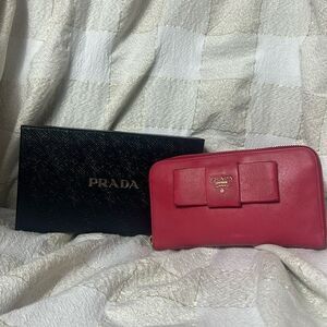 PRADA PINK SAFFIANO FIOCCO LEATHER BOW LONG ZIPPY WALLET WITH BOX